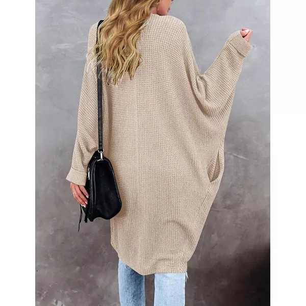 imageZESICA Womens 2024 Fall Casual Waffle Knit Solid Color Long Batwing Sleeve Oversized Open Front Sweater Cardigan CoatApricot