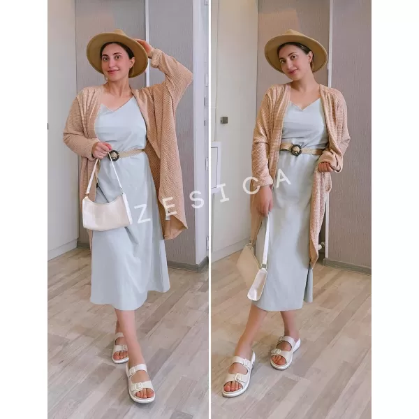 imageZESICA Womens 2024 Fall Casual Waffle Knit Solid Color Long Batwing Sleeve Oversized Open Front Sweater Cardigan CoatApricot