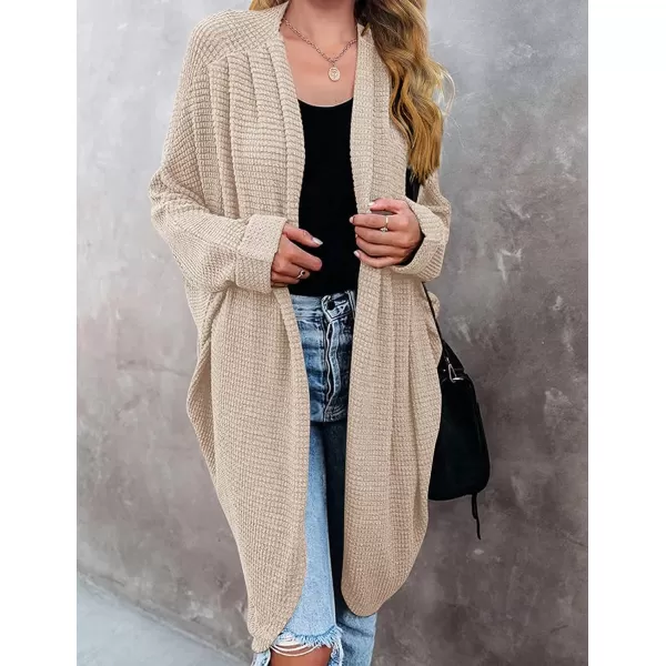 imageZESICA Womens 2024 Fall Casual Waffle Knit Solid Color Long Batwing Sleeve Oversized Open Front Sweater Cardigan CoatApricot