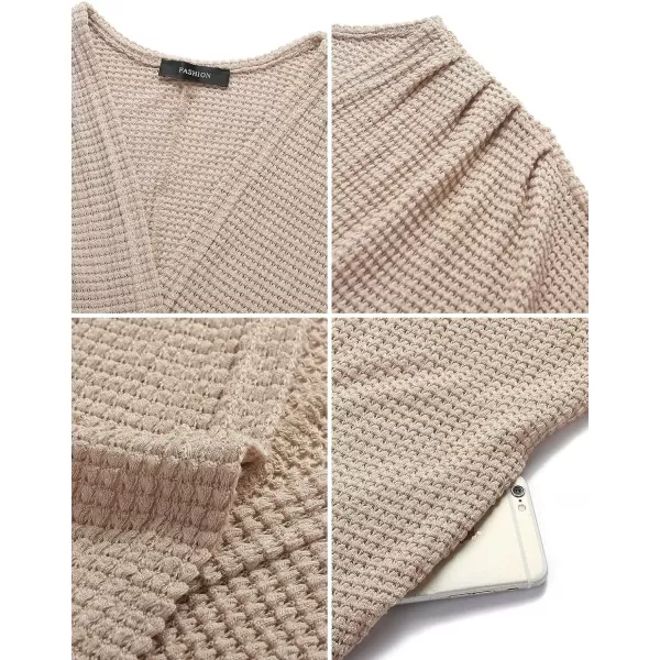 imageZESICA Womens 2024 Fall Casual Waffle Knit Solid Color Long Batwing Sleeve Oversized Open Front Sweater Cardigan CoatApricot