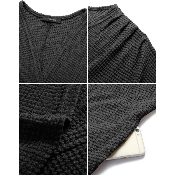 imageZESICA Womens 2024 Fall Casual Waffle Knit Solid Color Long Batwing Sleeve Oversized Open Front Sweater Cardigan CoatBlack