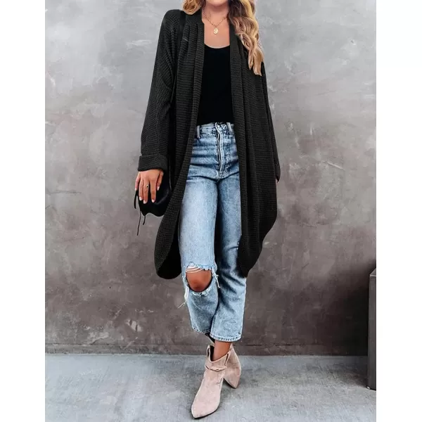 imageZESICA Womens 2024 Fall Casual Waffle Knit Solid Color Long Batwing Sleeve Oversized Open Front Sweater Cardigan CoatBlack