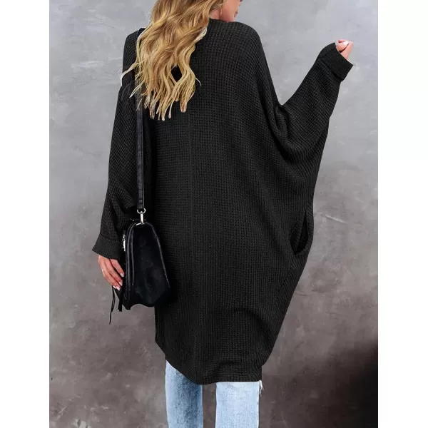 imageZESICA Womens 2024 Fall Casual Waffle Knit Solid Color Long Batwing Sleeve Oversized Open Front Sweater Cardigan CoatBlack