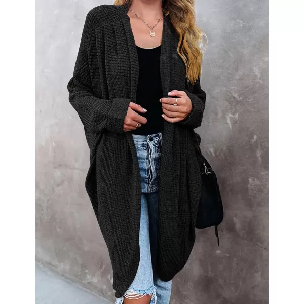 imageZESICA Womens 2024 Fall Casual Waffle Knit Solid Color Long Batwing Sleeve Oversized Open Front Sweater Cardigan CoatBlack