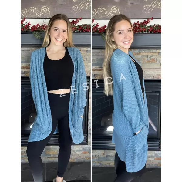 imageZESICA Womens 2024 Fall Casual Waffle Knit Solid Color Long Batwing Sleeve Oversized Open Front Sweater Cardigan CoatBlue