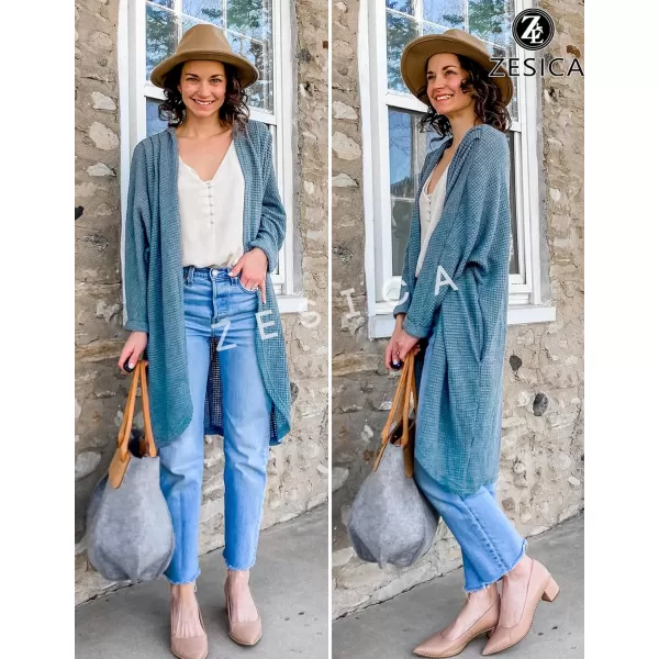 imageZESICA Womens 2024 Fall Casual Waffle Knit Solid Color Long Batwing Sleeve Oversized Open Front Sweater Cardigan CoatBlue