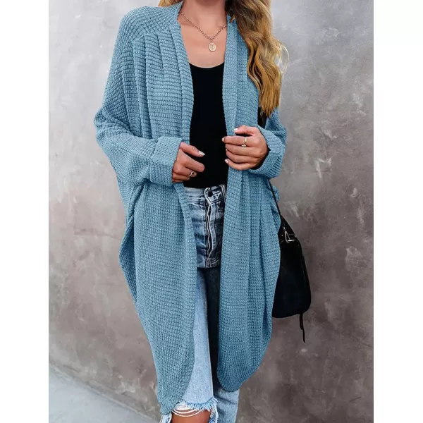 imageZESICA Womens 2024 Fall Casual Waffle Knit Solid Color Long Batwing Sleeve Oversized Open Front Sweater Cardigan CoatBlue