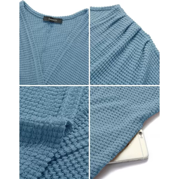 imageZESICA Womens 2024 Fall Casual Waffle Knit Solid Color Long Batwing Sleeve Oversized Open Front Sweater Cardigan CoatBlue