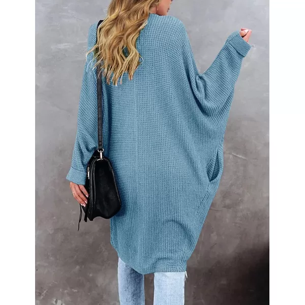 imageZESICA Womens 2024 Fall Casual Waffle Knit Solid Color Long Batwing Sleeve Oversized Open Front Sweater Cardigan CoatBlue