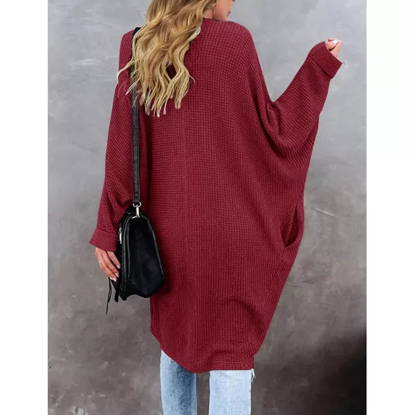imageZESICA Womens 2024 Fall Casual Waffle Knit Solid Color Long Batwing Sleeve Oversized Open Front Sweater Cardigan CoatBurgundy