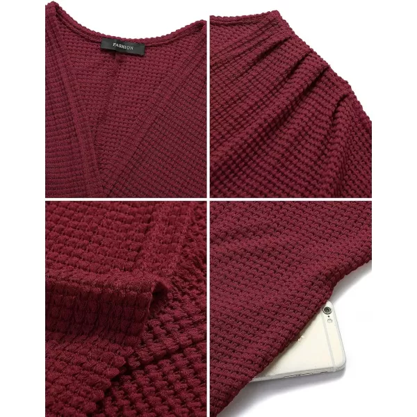 imageZESICA Womens 2024 Fall Casual Waffle Knit Solid Color Long Batwing Sleeve Oversized Open Front Sweater Cardigan CoatBurgundy