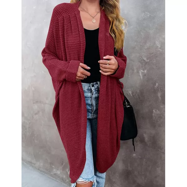 imageZESICA Womens 2024 Fall Casual Waffle Knit Solid Color Long Batwing Sleeve Oversized Open Front Sweater Cardigan CoatBurgundy