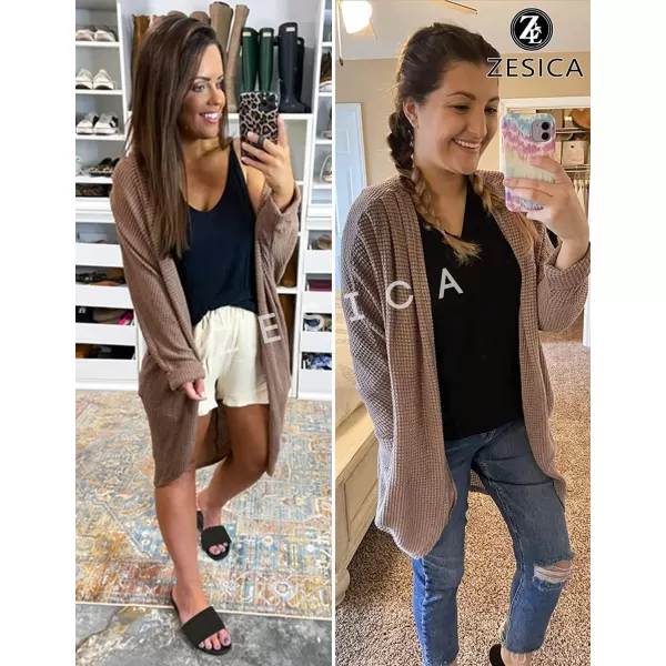 imageZESICA Womens 2024 Fall Casual Waffle Knit Solid Color Long Batwing Sleeve Oversized Open Front Sweater Cardigan CoatCaramel