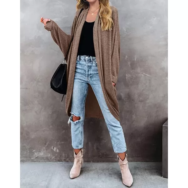 imageZESICA Womens 2024 Fall Casual Waffle Knit Solid Color Long Batwing Sleeve Oversized Open Front Sweater Cardigan CoatCaramel