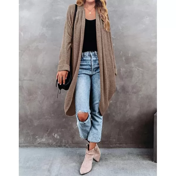 imageZESICA Womens 2024 Fall Casual Waffle Knit Solid Color Long Batwing Sleeve Oversized Open Front Sweater Cardigan CoatCaramel
