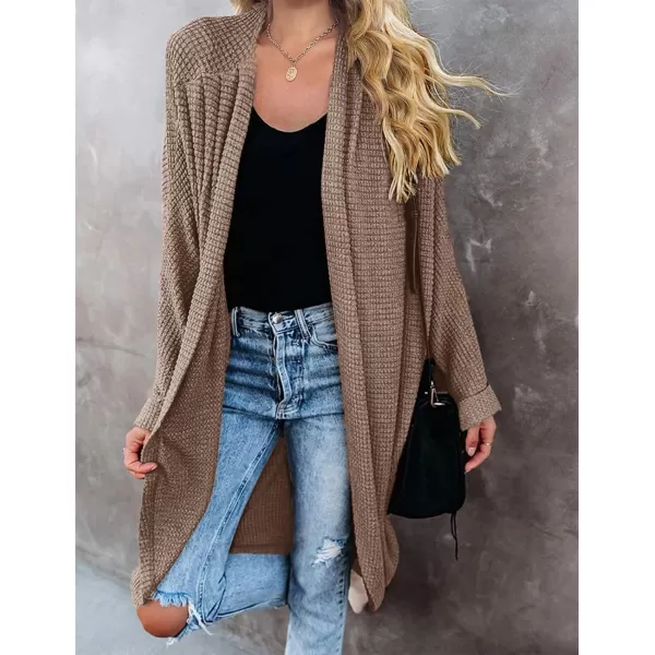 imageZESICA Womens 2024 Fall Casual Waffle Knit Solid Color Long Batwing Sleeve Oversized Open Front Sweater Cardigan CoatCaramel