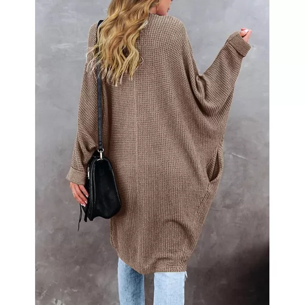imageZESICA Womens 2024 Fall Casual Waffle Knit Solid Color Long Batwing Sleeve Oversized Open Front Sweater Cardigan CoatCaramel