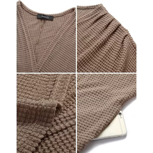imageZESICA Womens 2024 Fall Casual Waffle Knit Solid Color Long Batwing Sleeve Oversized Open Front Sweater Cardigan CoatCaramel