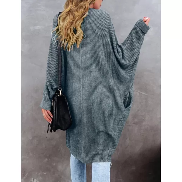 imageZESICA Womens 2024 Fall Casual Waffle Knit Solid Color Long Batwing Sleeve Oversized Open Front Sweater Cardigan CoatDustygreen
