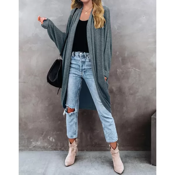 imageZESICA Womens 2024 Fall Casual Waffle Knit Solid Color Long Batwing Sleeve Oversized Open Front Sweater Cardigan CoatDustygreen