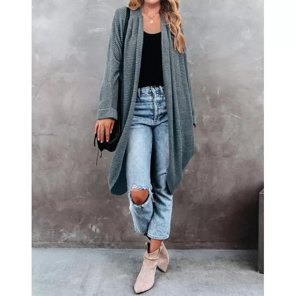 imageZESICA Womens 2024 Fall Casual Waffle Knit Solid Color Long Batwing Sleeve Oversized Open Front Sweater Cardigan CoatDustygreen