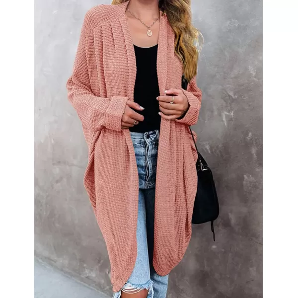 imageZESICA Womens 2024 Fall Casual Waffle Knit Solid Color Long Batwing Sleeve Oversized Open Front Sweater Cardigan CoatGrapefruit