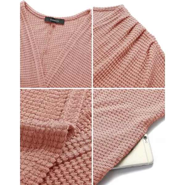 imageZESICA Womens 2024 Fall Casual Waffle Knit Solid Color Long Batwing Sleeve Oversized Open Front Sweater Cardigan CoatGrapefruit