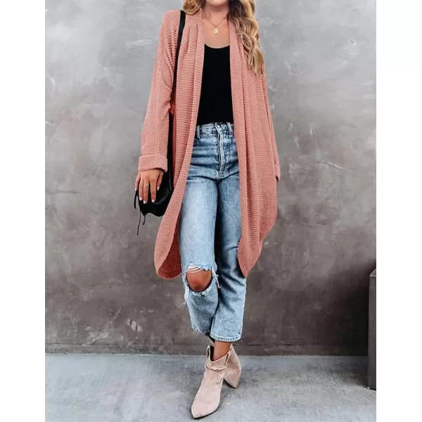 imageZESICA Womens 2024 Fall Casual Waffle Knit Solid Color Long Batwing Sleeve Oversized Open Front Sweater Cardigan CoatGrapefruit