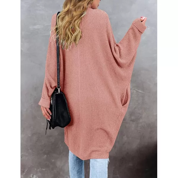 imageZESICA Womens 2024 Fall Casual Waffle Knit Solid Color Long Batwing Sleeve Oversized Open Front Sweater Cardigan CoatGrapefruit