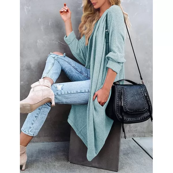 imageZESICA Womens 2024 Fall Casual Waffle Knit Solid Color Long Batwing Sleeve Oversized Open Front Sweater Cardigan CoatLightblue