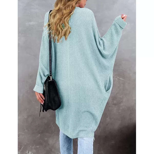 imageZESICA Womens 2024 Fall Casual Waffle Knit Solid Color Long Batwing Sleeve Oversized Open Front Sweater Cardigan CoatLightblue
