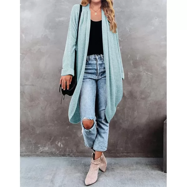 imageZESICA Womens 2024 Fall Casual Waffle Knit Solid Color Long Batwing Sleeve Oversized Open Front Sweater Cardigan CoatLightblue