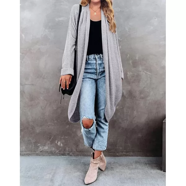 imageZESICA Womens 2024 Fall Casual Waffle Knit Solid Color Long Batwing Sleeve Oversized Open Front Sweater Cardigan CoatLightgrey