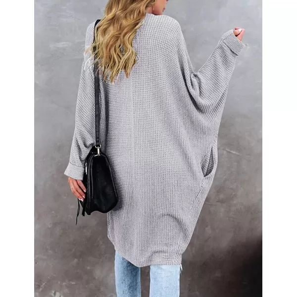 imageZESICA Womens 2024 Fall Casual Waffle Knit Solid Color Long Batwing Sleeve Oversized Open Front Sweater Cardigan CoatLightgrey