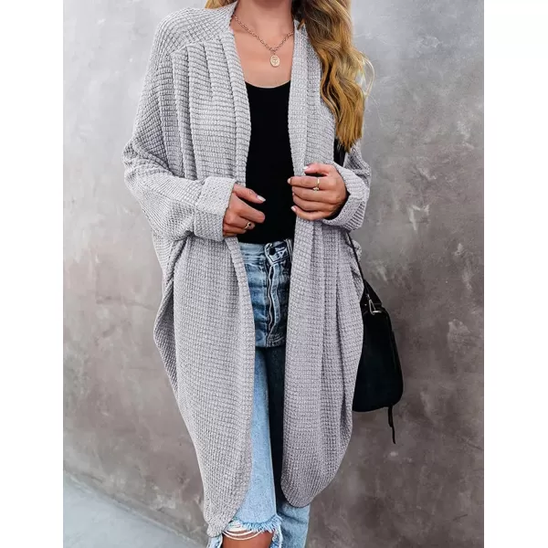 imageZESICA Womens 2024 Fall Casual Waffle Knit Solid Color Long Batwing Sleeve Oversized Open Front Sweater Cardigan CoatLightgrey