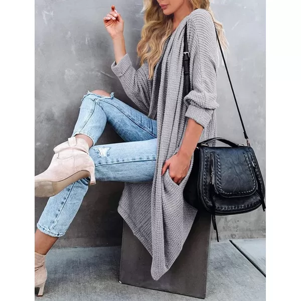 imageZESICA Womens 2024 Fall Casual Waffle Knit Solid Color Long Batwing Sleeve Oversized Open Front Sweater Cardigan CoatLightgrey