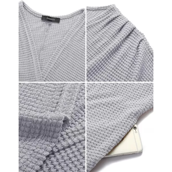 imageZESICA Womens 2024 Fall Casual Waffle Knit Solid Color Long Batwing Sleeve Oversized Open Front Sweater Cardigan CoatLightgrey