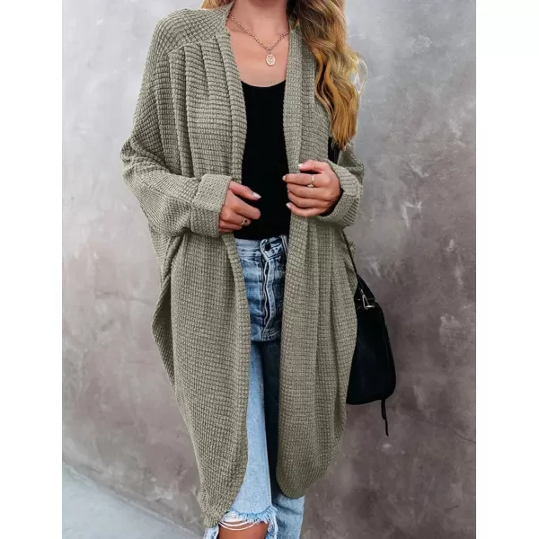 imageZESICA Womens 2024 Fall Casual Waffle Knit Solid Color Long Batwing Sleeve Oversized Open Front Sweater Cardigan CoatOlive