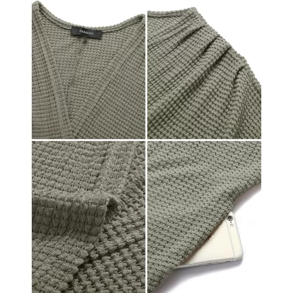 imageZESICA Womens 2024 Fall Casual Waffle Knit Solid Color Long Batwing Sleeve Oversized Open Front Sweater Cardigan CoatOlive