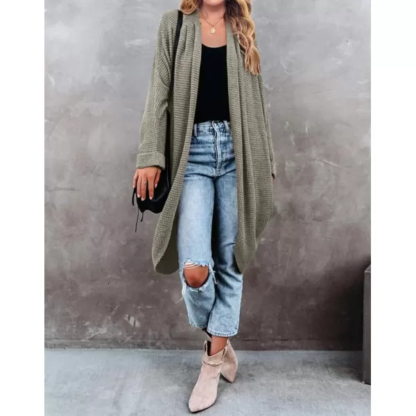 imageZESICA Womens 2024 Fall Casual Waffle Knit Solid Color Long Batwing Sleeve Oversized Open Front Sweater Cardigan CoatOlive