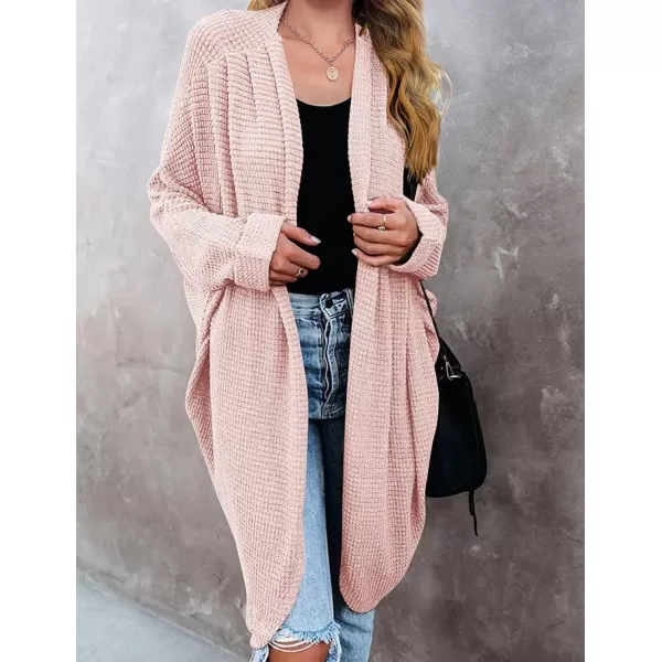 imageZESICA Womens 2024 Fall Casual Waffle Knit Solid Color Long Batwing Sleeve Oversized Open Front Sweater Cardigan CoatPink