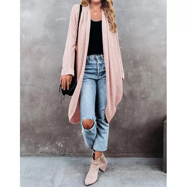 imageZESICA Womens 2024 Fall Casual Waffle Knit Solid Color Long Batwing Sleeve Oversized Open Front Sweater Cardigan CoatPink