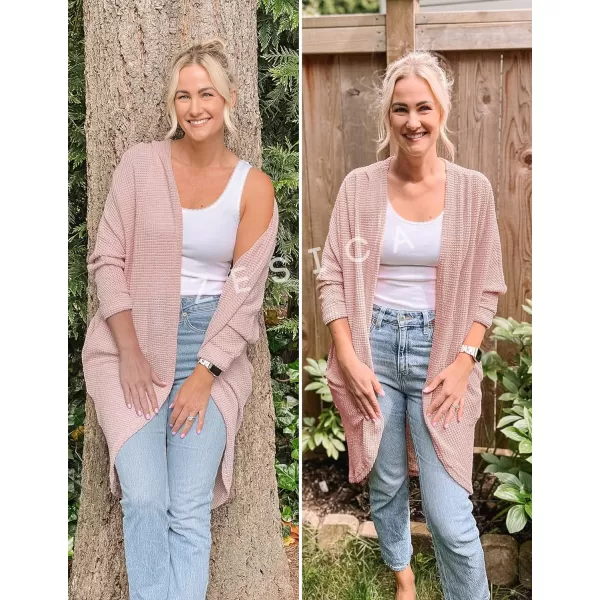 imageZESICA Womens 2024 Fall Casual Waffle Knit Solid Color Long Batwing Sleeve Oversized Open Front Sweater Cardigan CoatPink