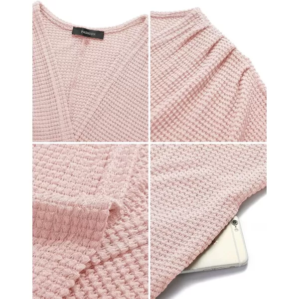 imageZESICA Womens 2024 Fall Casual Waffle Knit Solid Color Long Batwing Sleeve Oversized Open Front Sweater Cardigan CoatPink