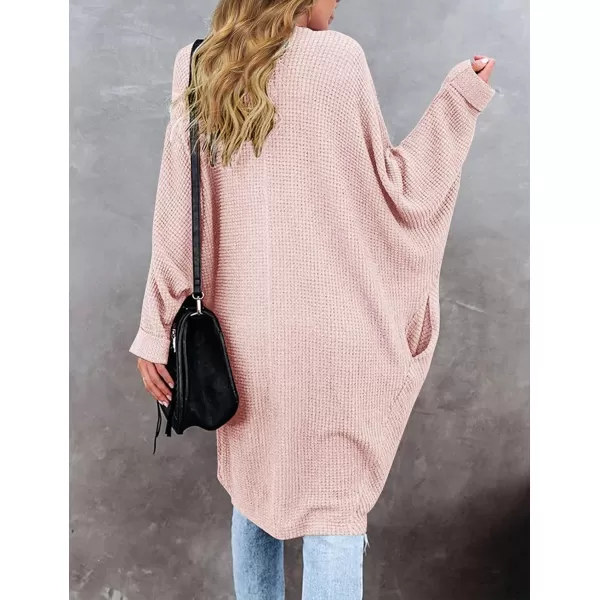 imageZESICA Womens 2024 Fall Casual Waffle Knit Solid Color Long Batwing Sleeve Oversized Open Front Sweater Cardigan CoatPink