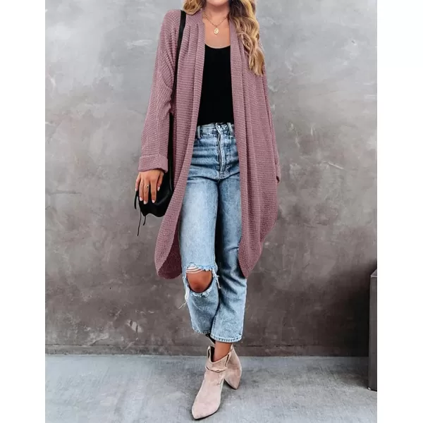 imageZESICA Womens 2024 Fall Casual Waffle Knit Solid Color Long Batwing Sleeve Oversized Open Front Sweater Cardigan CoatTaro