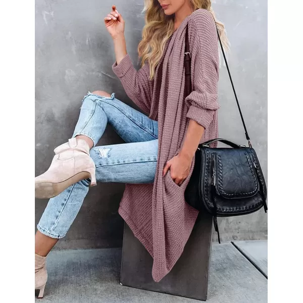 imageZESICA Womens 2024 Fall Casual Waffle Knit Solid Color Long Batwing Sleeve Oversized Open Front Sweater Cardigan CoatTaro