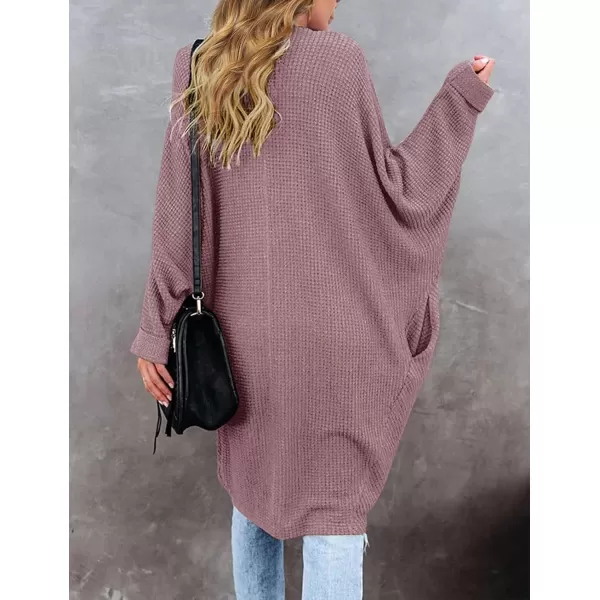 imageZESICA Womens 2024 Fall Casual Waffle Knit Solid Color Long Batwing Sleeve Oversized Open Front Sweater Cardigan CoatTaro