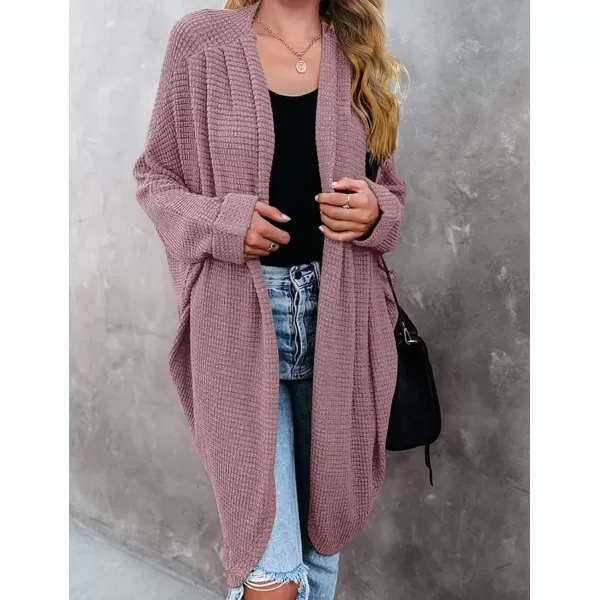 imageZESICA Womens 2024 Fall Casual Waffle Knit Solid Color Long Batwing Sleeve Oversized Open Front Sweater Cardigan CoatTaro