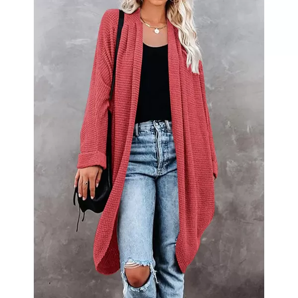 imageZESICA Womens 2024 Fall Casual Waffle Knit Solid Color Long Batwing Sleeve Oversized Open Front Sweater Cardigan CoatWatermelon